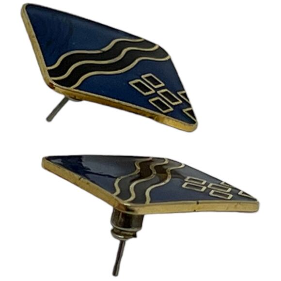 Blue, Gold & Black Enamel Post Earrings for Pierced Ears Retro 1980s Jewelry - Picture 8 of 9